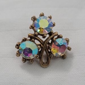 Vintage Aurora Borealis Gold Toned Clover Shamrock Pin St. Patrick's Day